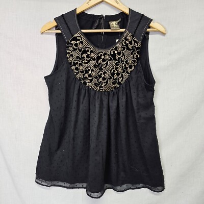 One September Top Size S Black Sleeveless Gold Embroidered Flowers Womens