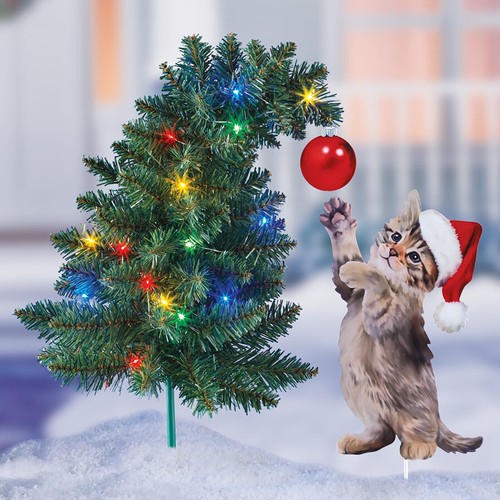 2-PC LED Lighted Christmas Tree w/ Cat Kitten Yard Stake Outdoor Decor TIMER - 第 1/3 張圖片