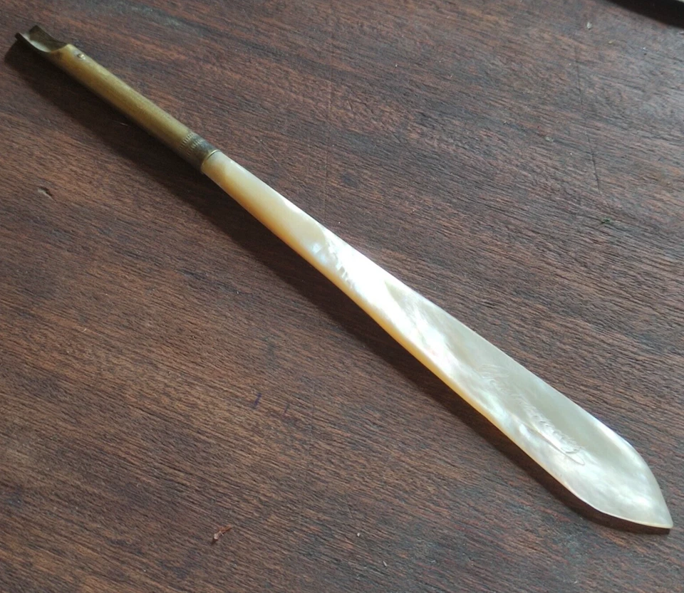 Coupe-papier ouvre-lettre porte-plume nacre et laiton XIX e - Photo 2/4