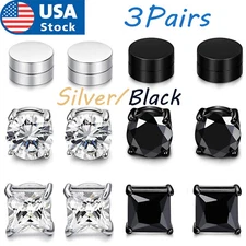 3 Pair Men Women Stainless Steel Magnetic Stud Earrings Non Piercing Clip on US