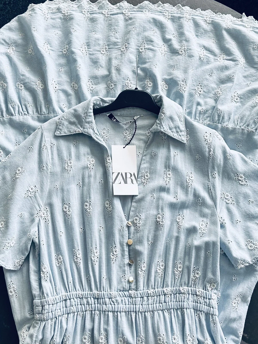 ZARA Pale Blue Tiered Midi Dress with Cutwork Embroidery Size M