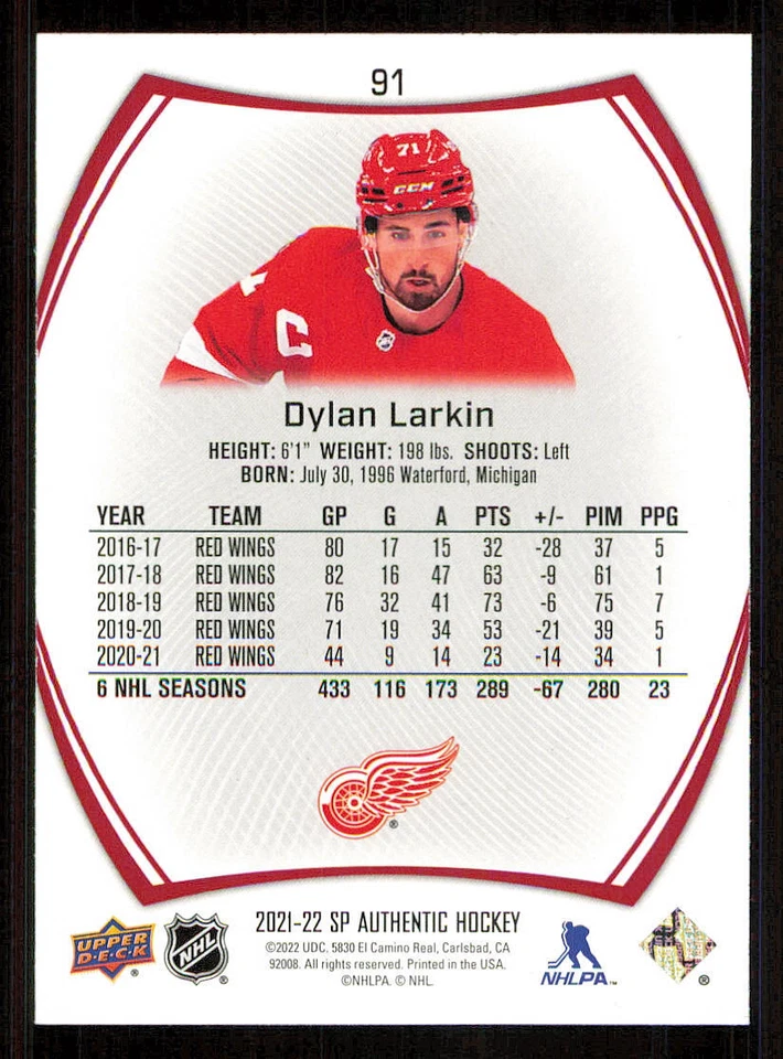 2021-22 SP Authentic Limited Red #91 Dylan Larkin - Image 2 of 2