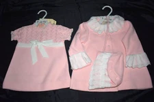 Vintage LITTLE WORLD Inc Girl's Coat Dress & Bonnet Set Pink White Acrylic MINT