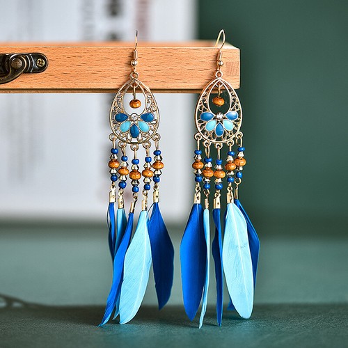 Pendientes étnicos bohemios con flores para mujer Pendientes de borla de plumas de color bohemio vintage - Imagen 9 de 16