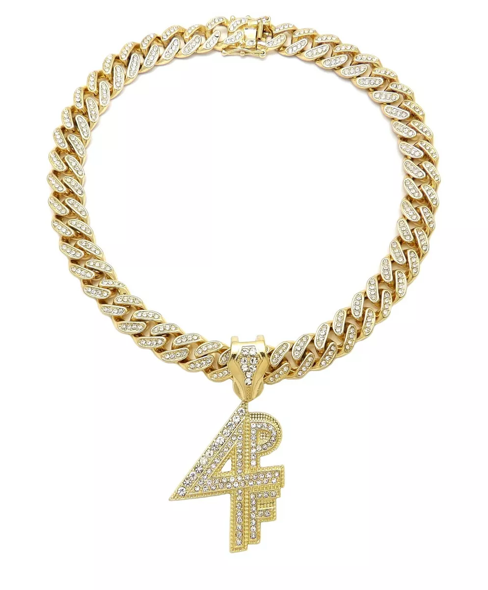 LIL BABY 4PF 4 POCKETS FULL DIAMOND GOLD CUBAN LINK CHAIN NECKLACE