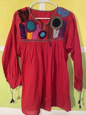 Vtg Mexican Embroidered Gauzy Cotton Shirt Blouse Tunic Hippie
