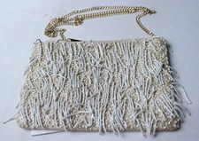 True Decadence Women's Chain Strap Sequin Fringe Clutch Bag CA4 Beige One Size