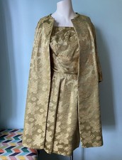 1960s Lilli Diamond of California Dress  Long Jacket Set Metallic Gold  Sz 0