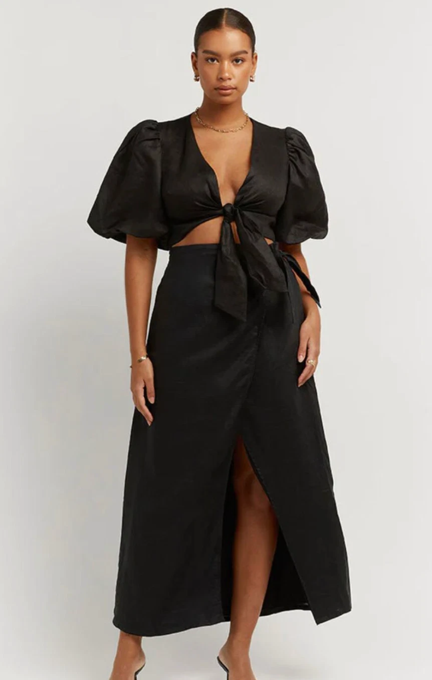 Dissh 'Hallie' Black Linen Skirt Size 12 M Midi Organic Luxe Faux Wrap