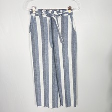 LC Lauren Conrad XSmall Linen Cotton Striped Wide Leg Cropped Pants Blue White