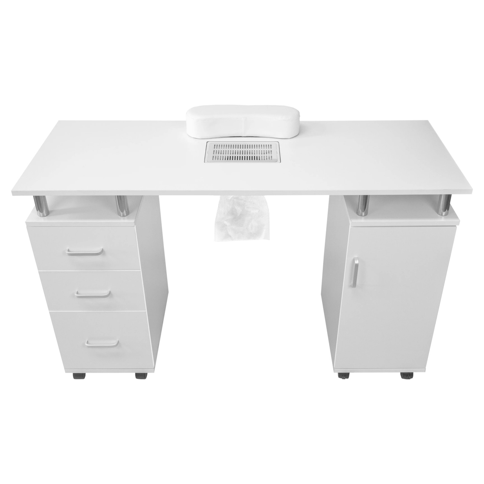Table de manucure blanche 120x45cm avec aspirateur intégré sur roulettes