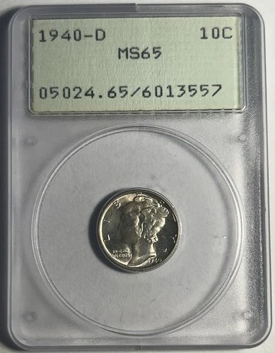 1940-D MERCURY SILVER DIME GRADED PCGS MS65 OGH OLD RATTLER HOLDER