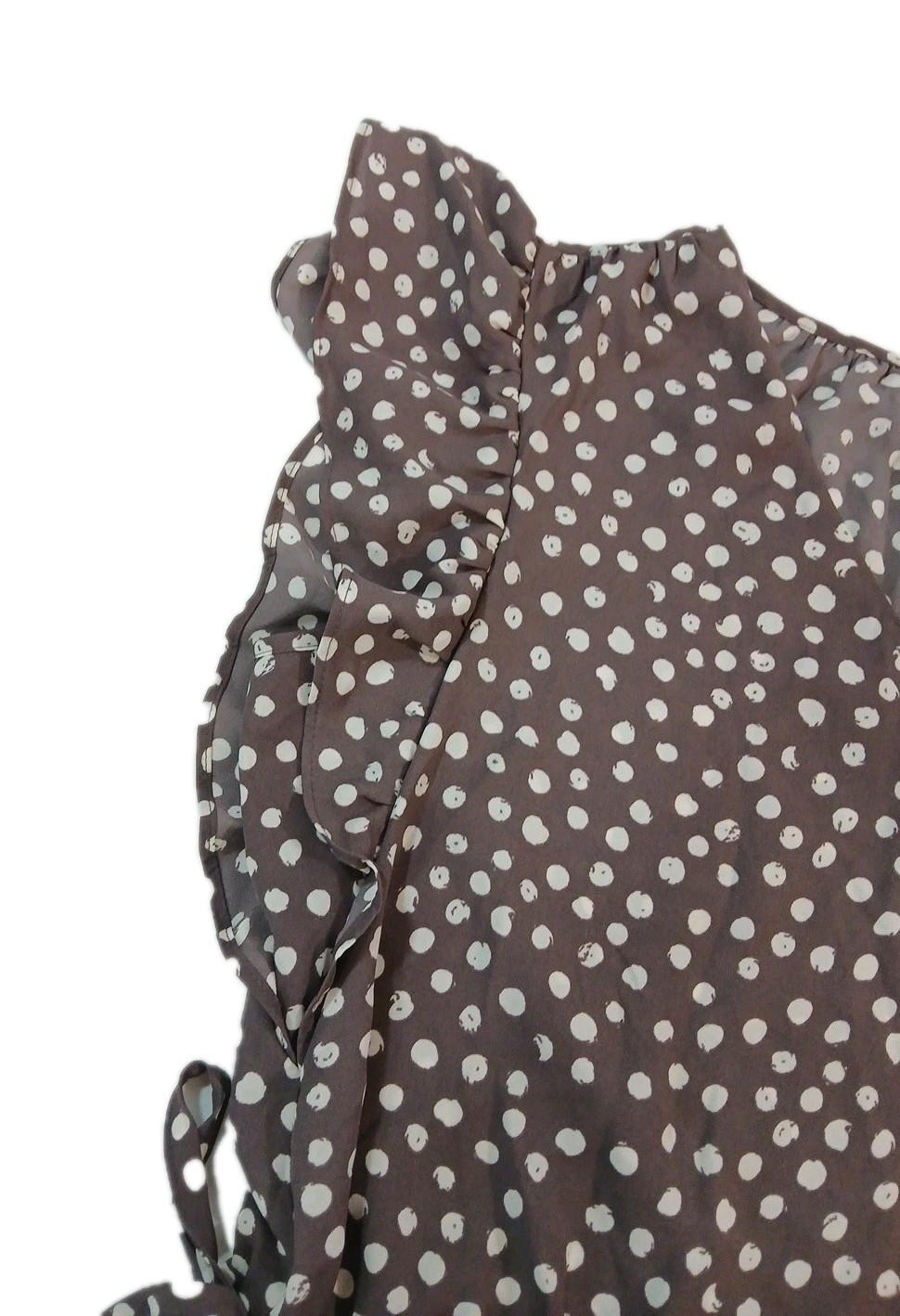 Maurice Blouse Career Top Poka Dot Brown White Short Ruffle Sleeves Ties On Side image 3