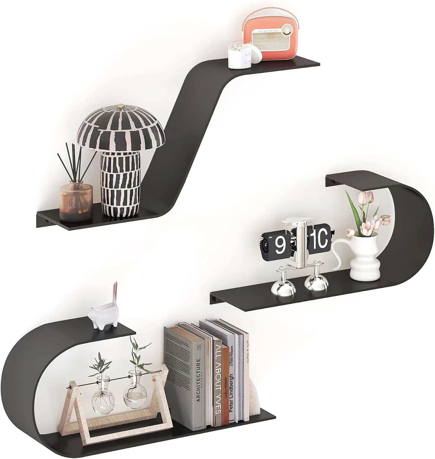 Black Floating Shelves Set of 3, Black Metal Decor, Unique Mounted Floating Shel