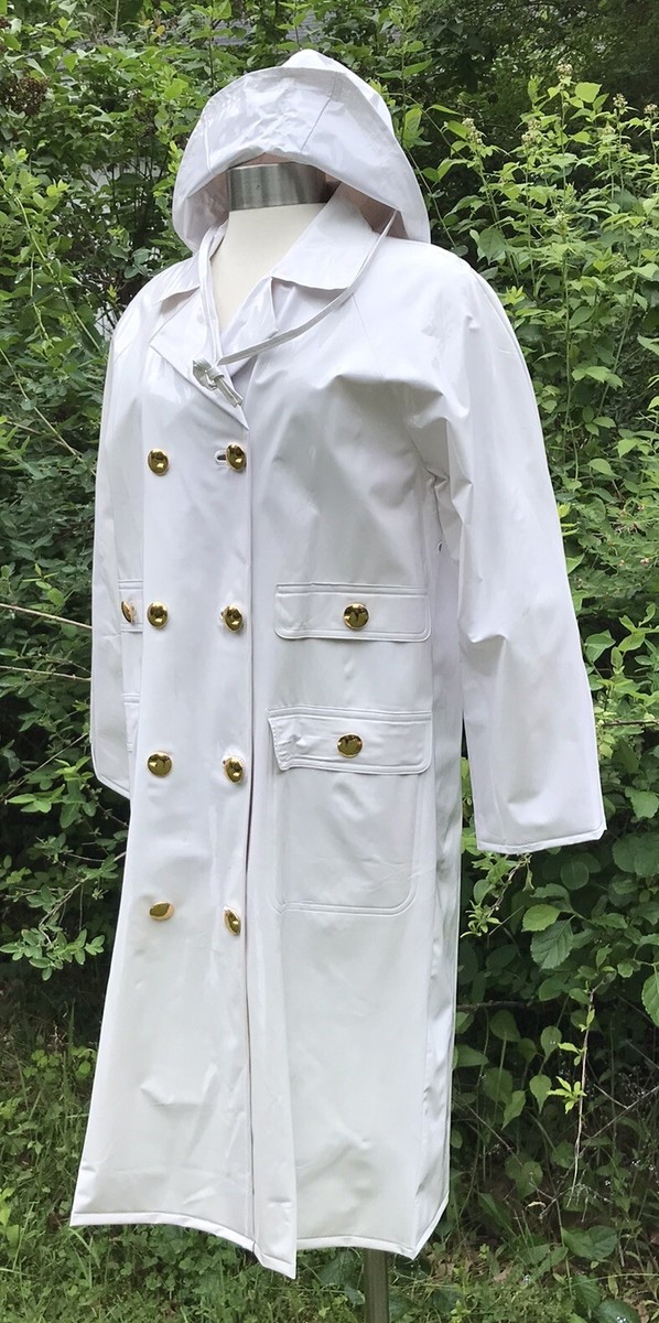 シェリー Vtg 60s mod white vinyl raincoat belt hat set gold buttons Shelly