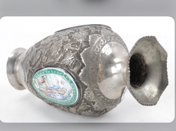 Jarrón antiguo persa de plata esterlina maciza CALIDAD MUSEO paneles esmaltados islámicos Foto 4 de 4