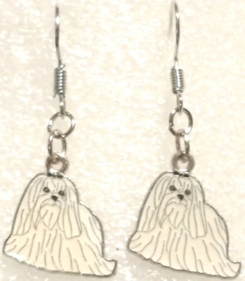 Maltese Dog Pup Tiny White Earrings Dangle Silver Hook Handcrafted