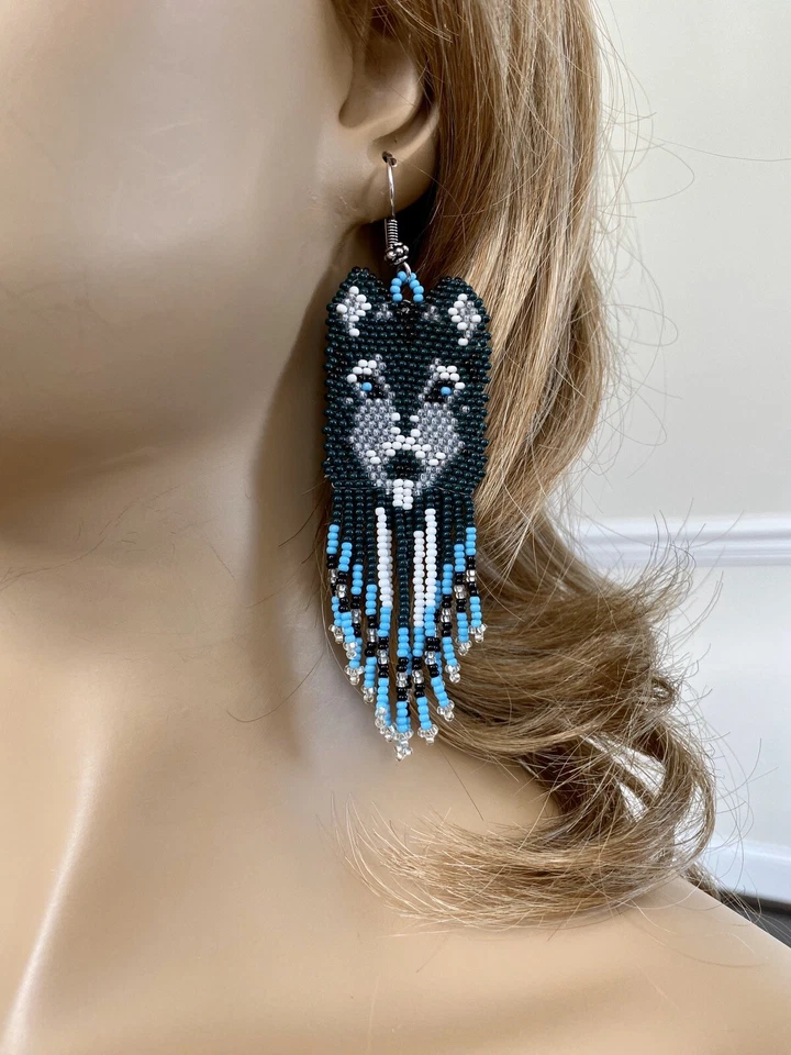 PENDIENTES GANCHO LARGOS HECHOS A MANO ESTILO NATIVO PLATA VERDE AZUL LOBO E14008 Foto 4 de 4