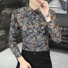 American Occident Style Long Sleeve Mens Shirts Buttons Floral Printed Slim Fit