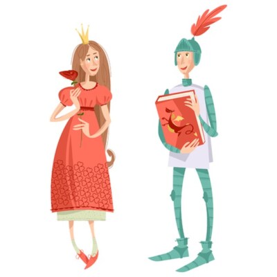 Wandbild: Prinzessin mit Rose und Ritter mit Buch. Diada de Sant Jordi [...]
