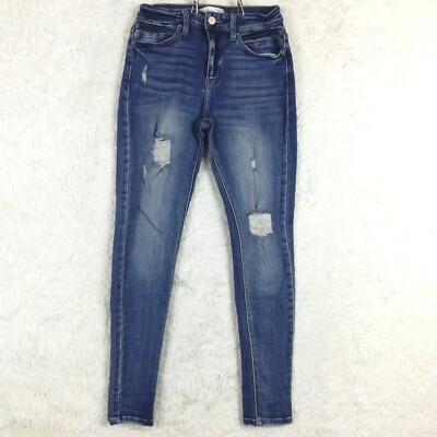Kancan Womens Jeans High Rise Curvy Skinny Blue Denim Ripped Whiskering 27