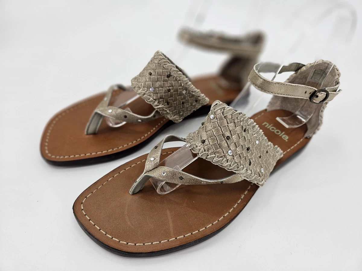 Sandales Plates NICOLE En Cuir Argenté Vieilli - Taille 10 US - Style Boho Avec Lanière Cheville