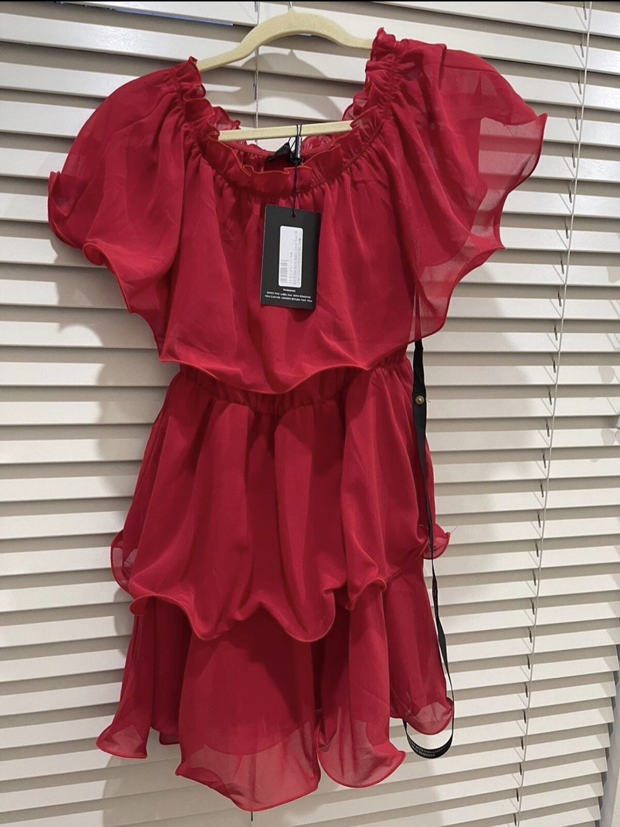 red chiffon bardot ruffle tiered dress Chiffon Bardot Ruffle Tiered Dress
