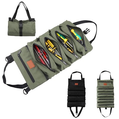 Multi-Purpose Roll Up 5 Pocket Tool Bag Wrench Pouch Canvas Hanging Organizer