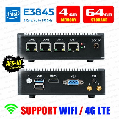 Fanless Mini PC Intel Atom  E3845 4 LAN 4G RAM/64G SSD pfSense Firewall AES-NI 
