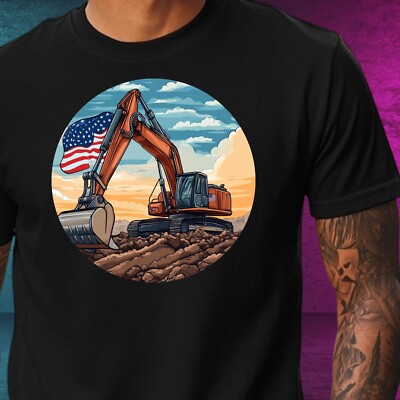 Men's American Flag Print Cotton Excavator T-Shirt Size XS to 5XL