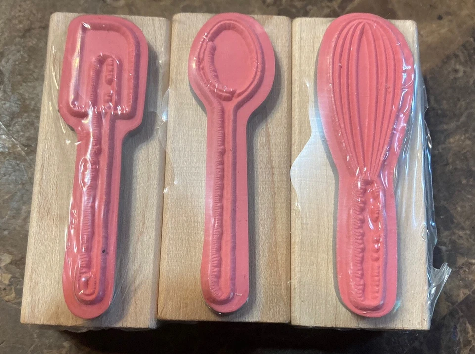 Juego de 3 utensilios para hornear Stampabilities: cuchara batidor espátula estampillas de goma NUEVO Foto 2 de 4