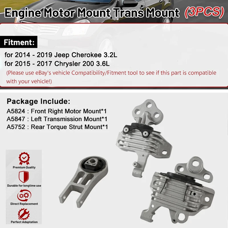 Motor & Trans Mount 3PCS For 14-19 Jeep Cherokee 3.2L/15-17 Chrysler 200 3.6L AT Foto 3 de 4
