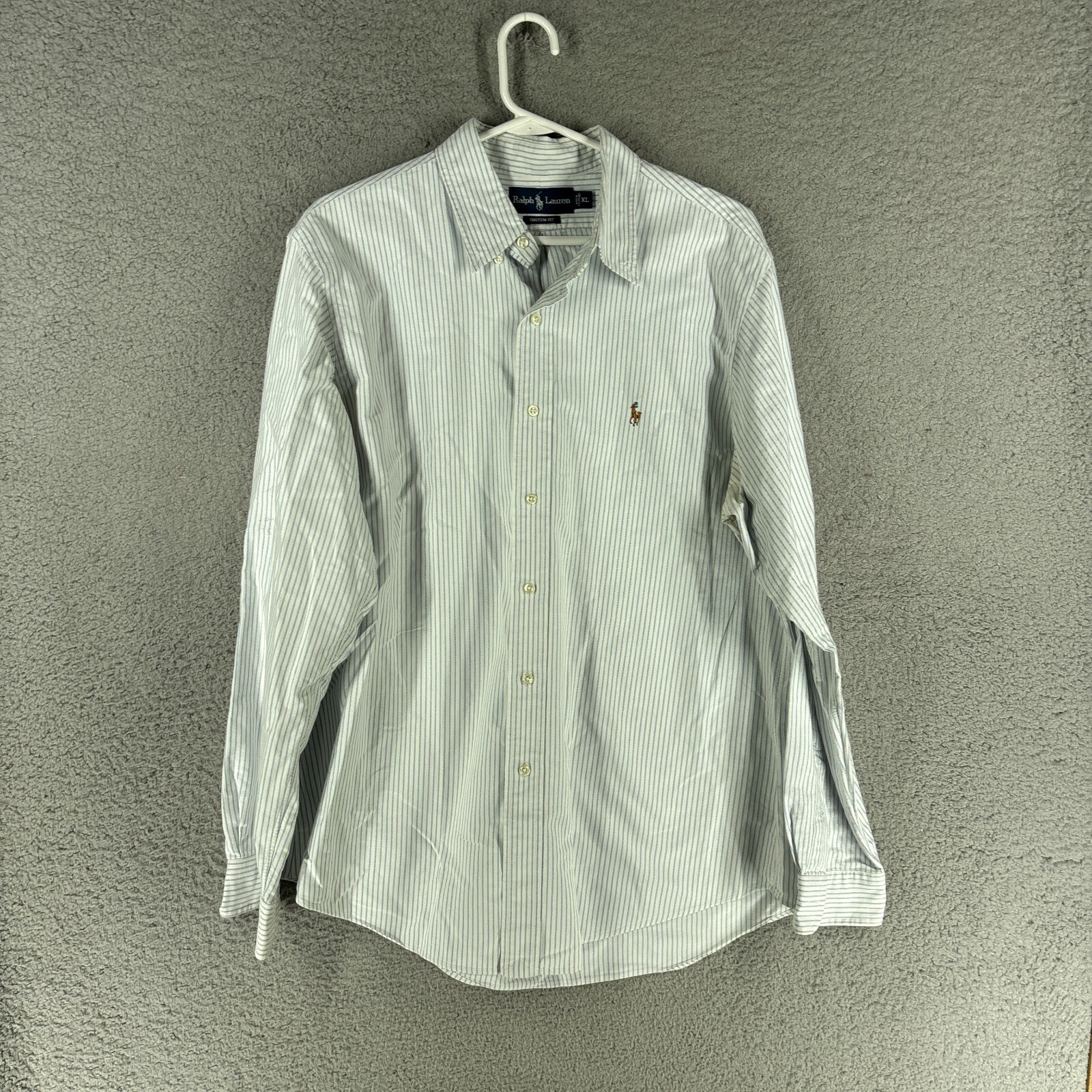 Camicia Ralph Lauren da uomo XL bianca a righe vestibilità personalizzata pony carne manica lunga