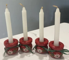 VTG Hand Painted  Wood Red With Flower Sweden Folk Art Candle Holders Set Of 4