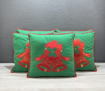 Lot 5 VTG Christmas Pillows Handmade Embroidered Red Bells Green Holiday