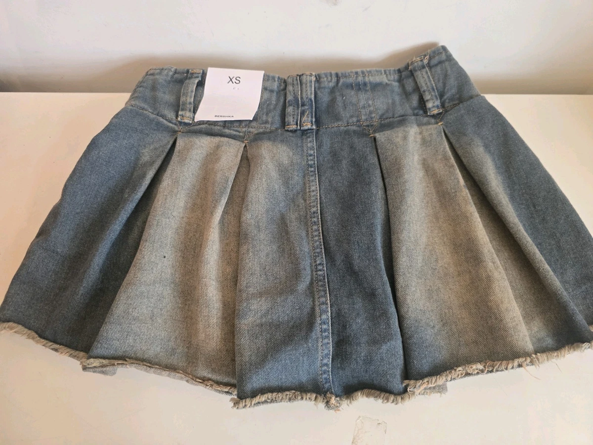 Minifalda Bershka Denim Plisada Skorts Talla XS Reino Unido Nueva con Etiquetas BNWT Bordes Crudos