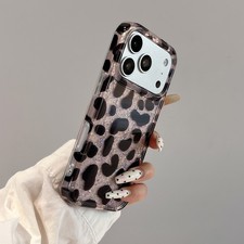 For iPhone 17 16 15 14 Pro Max Cute Glitter Bling IMD Leopard Print Case Cover