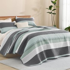 Litanika Quilt Queen Size Sage Green Stripe Patchwork Bedspread Coverlet 3 Piece