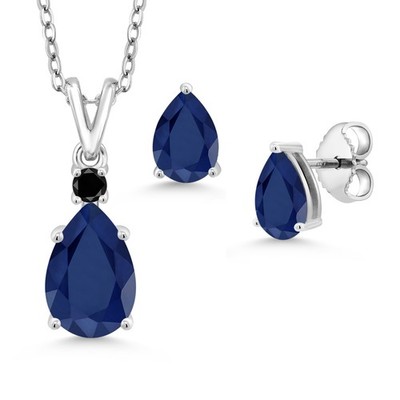 925 Sterling Silver Sapphire and Black Diamond Pendant and Earrings Jewelry Set