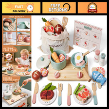 Wooden Play Kitchen Accessories Set - Toy Pots, Pans Stove for Kids 3-5