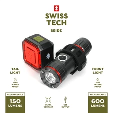 Swiss Tech Bike Rechargeable Front and Tail Light Combo, IP67 Water Proof, IP54