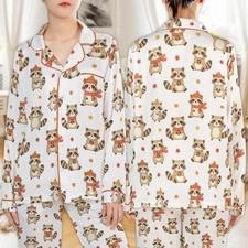 Fall Raccoon Cute Autumn Sleepwear Satin Pajama Set Short & Long for Women Gift
