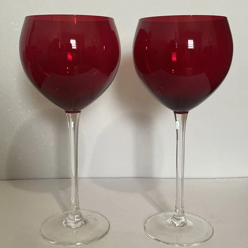 Lenox HOLIDAY GEMS RUBY Red Balloon Wine Crystal Glasses Set Of 2