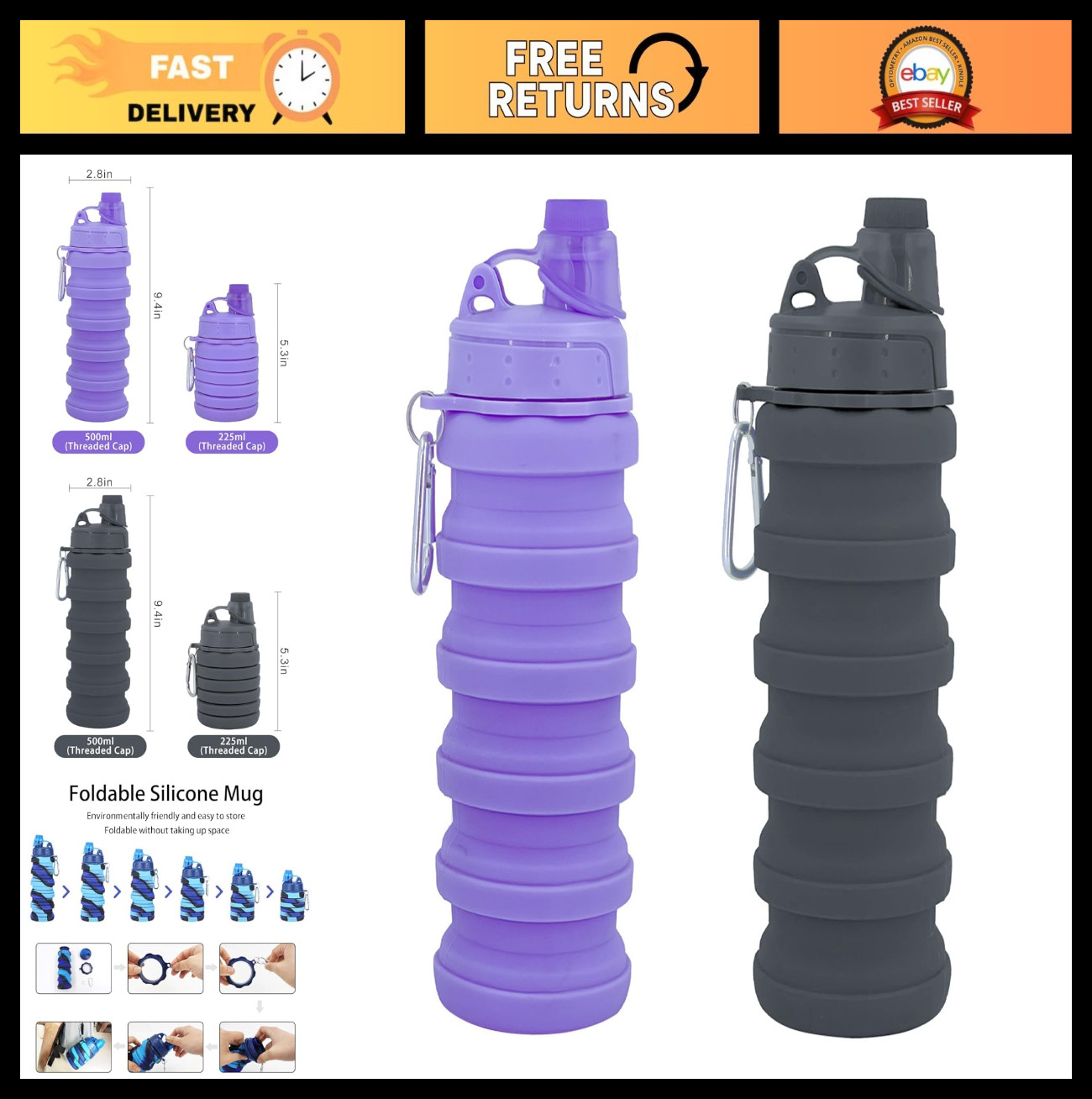 Collapsible portable water bottle 500ml - reusable silicone, waterproof, travel