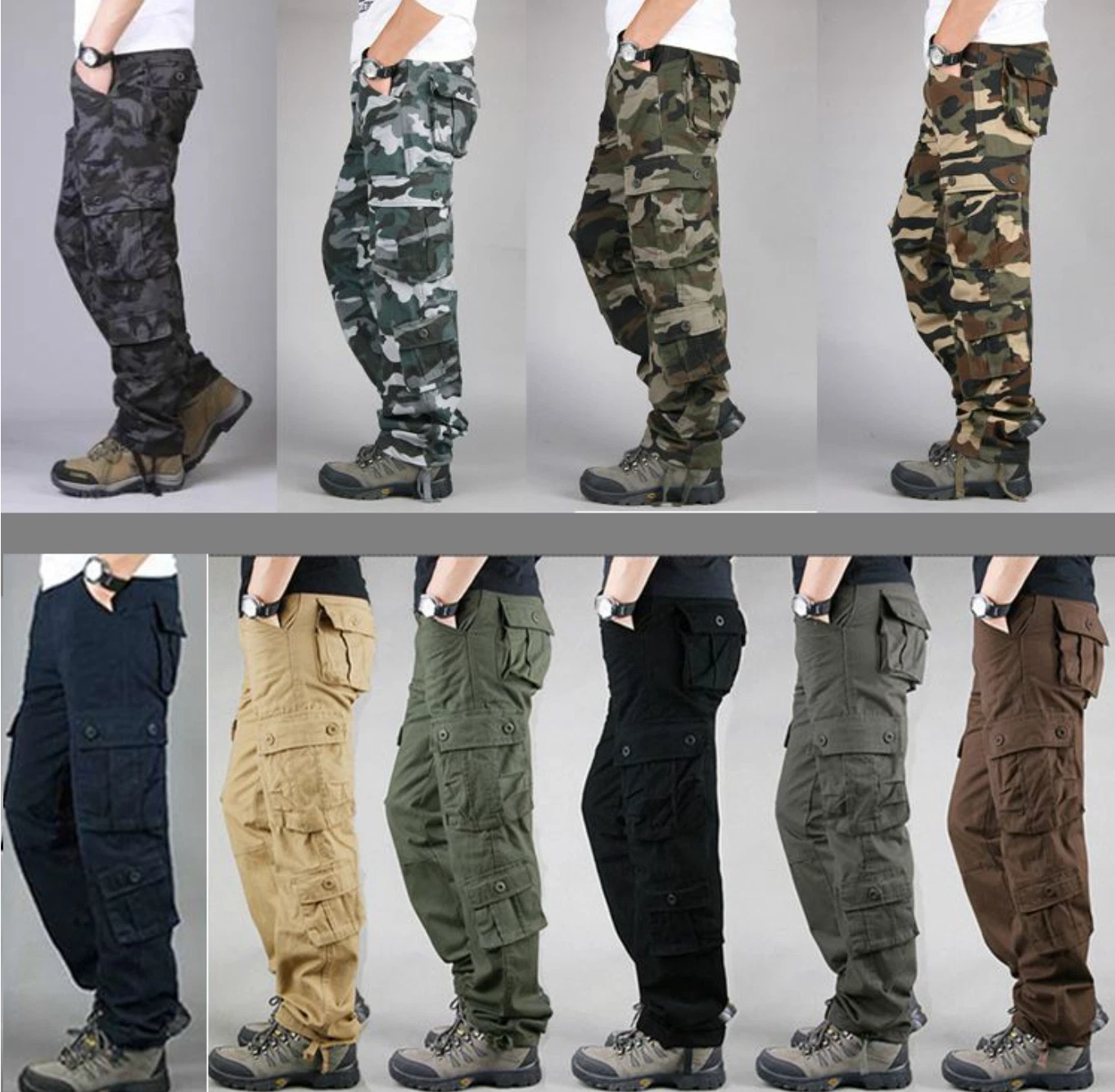 Mens Cargo Trousers 100% Cotton Work Trousers Tactical Combat Outdoor Pants UK
