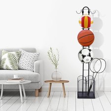 4-Tier Metal Ball Storage Rack - Durable Sports Organizer with Hooks