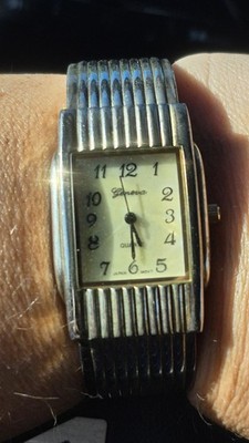 WORKING Vintage Geneva Platinum Art Deco Cuff Watch - Silver Ribbed Bangle