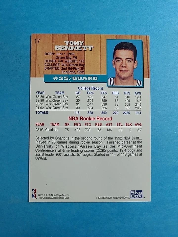 Tony Bennett 1993-94 Skybox NBA Hoops Basketball Card # 17 J3180 - Image 2 of 2