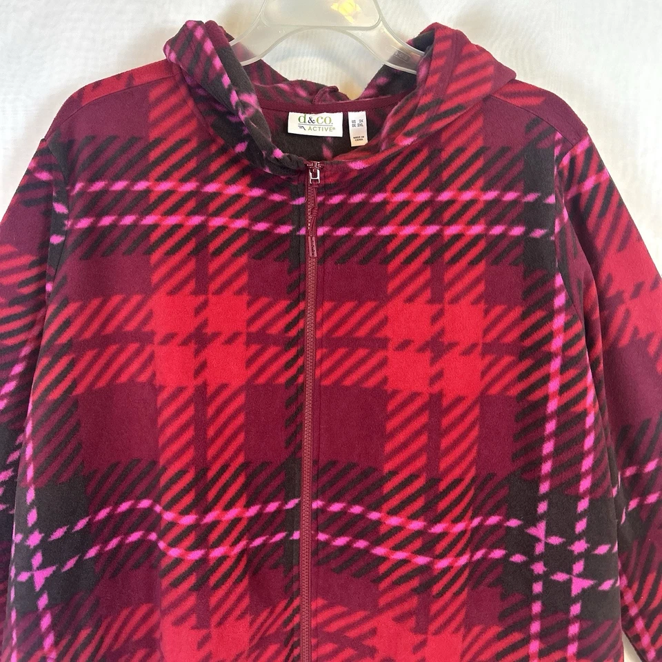 Chaqueta de mujer Denim & Co roja a cuadros con capucha polar con cremallera 3XL Foto 3 de 4