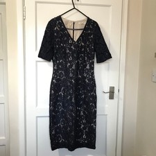 Per Una Premium Dress Size 10 Navy Blue Cream Lace Floral Short Sleeve Cruise